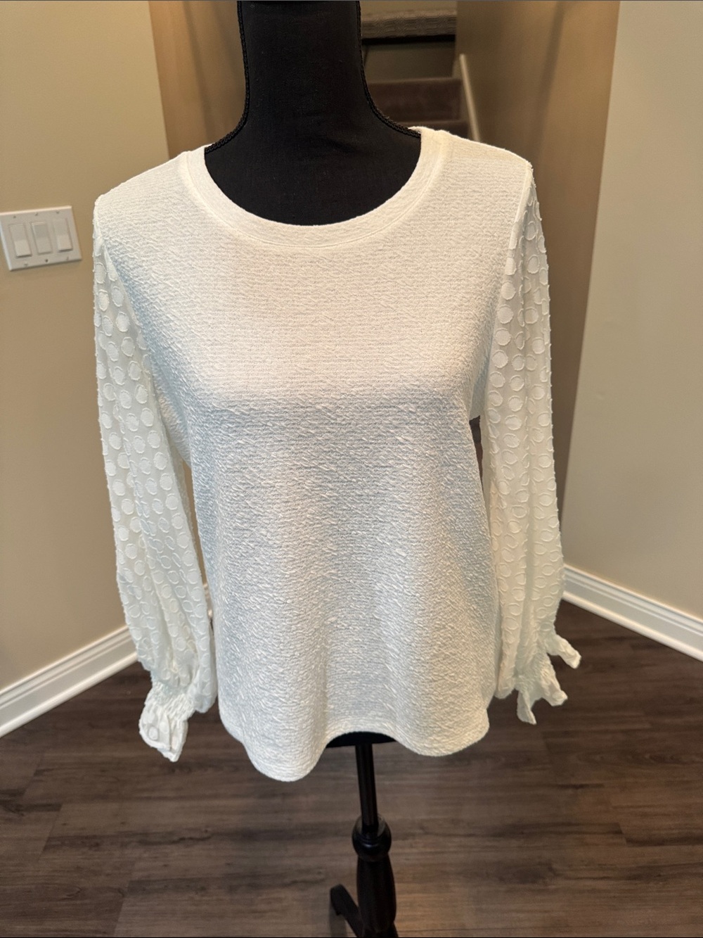 Anthropologie Cream Textured Long-Sleeve Top with Dot-Sheer Sleeves